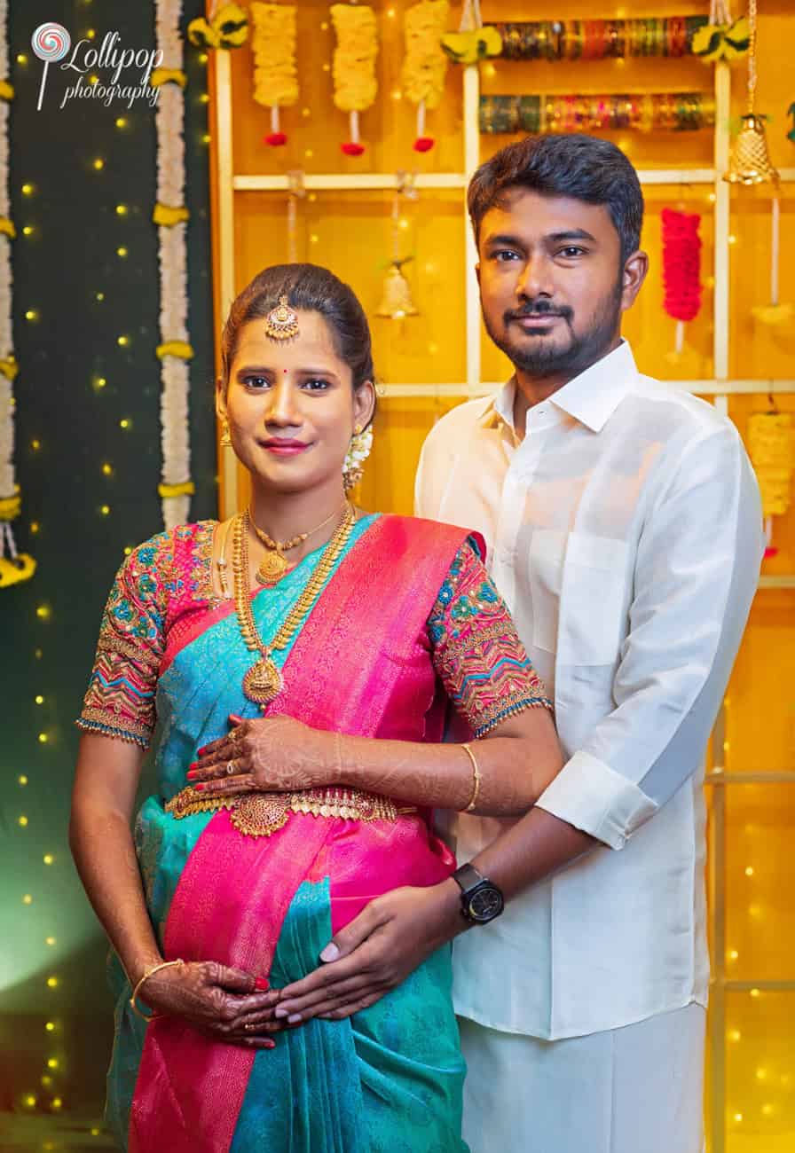 Chennai baby shower photoshoot featuring a couple lovingly embracing the baby bump, captured by Lollipop Photography