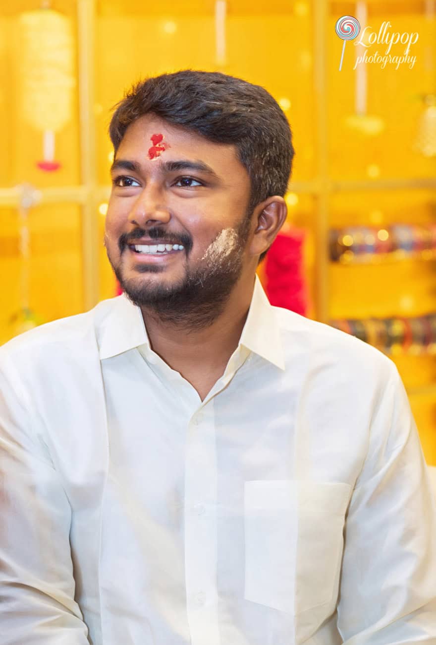 Portrait of Naveen Kumar with traditional ritual markings during the baby shower ceremony, taken in Chennai by Lollipop Photography