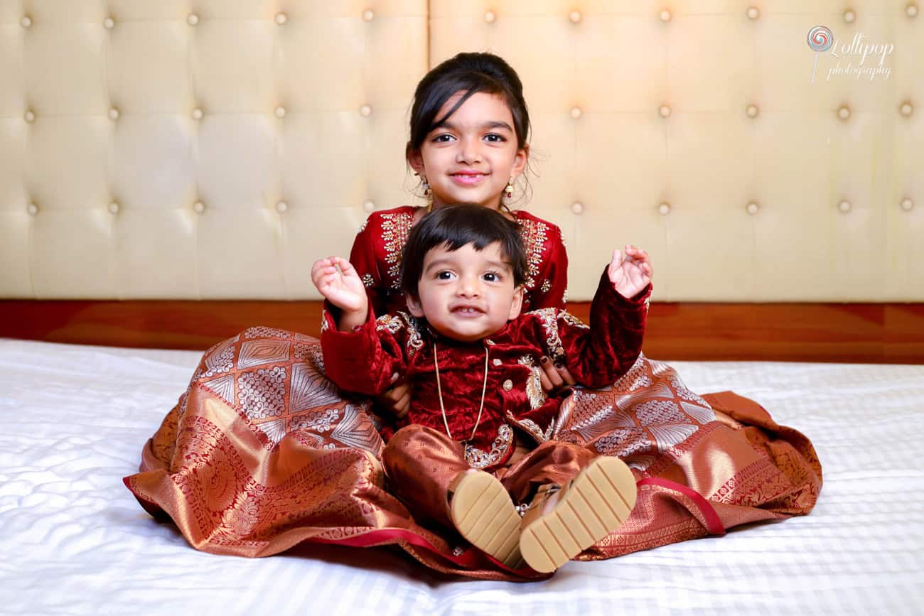 Nathaniel and his sibling in a charming portrait for his birthday celebration in Chennai.